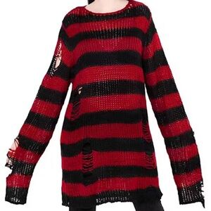 Red & Black Striped Knit Oversized Distressed Sweater